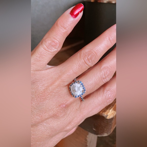 NATURAL ROUND CUT DIAMOND 3.22 TCW & CEYLON SAPPHIRE 14K WHITE GOLD RING - Picture 4 of 16